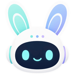 레비 마스코트 — 민트와 라벤더 귀를 가진 흰 토끼 로봇.